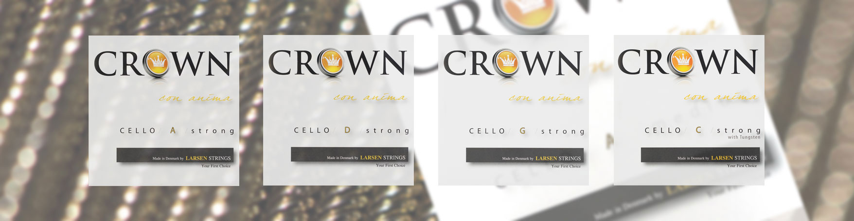 Crown Cello Strings made by Larsen Strings packaging Crown Cello Strings made by Larsen Strings of Denmark.